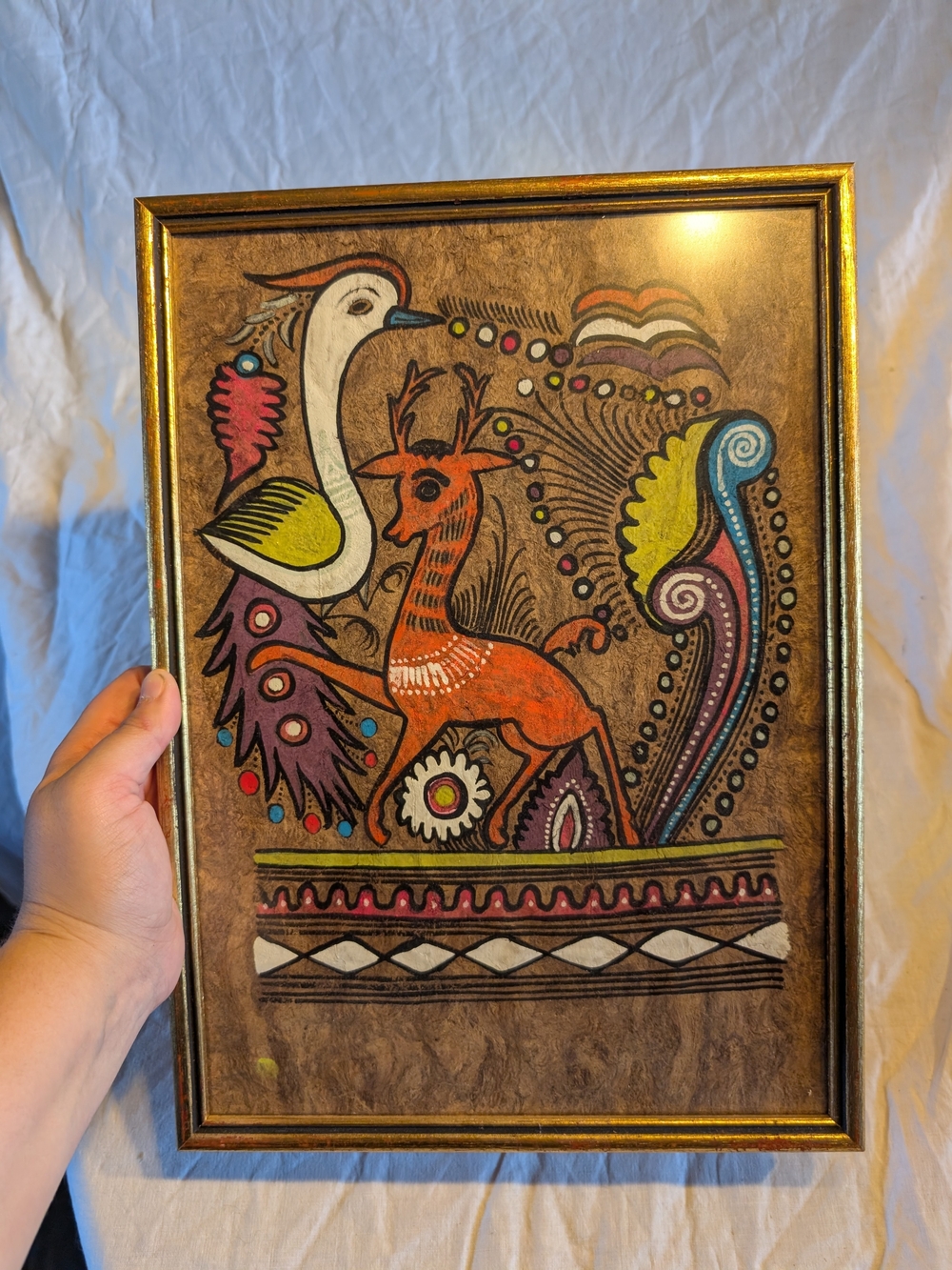 2/60$ Vintage Wall Art with Orange Deer and Multicolor Folk Motif